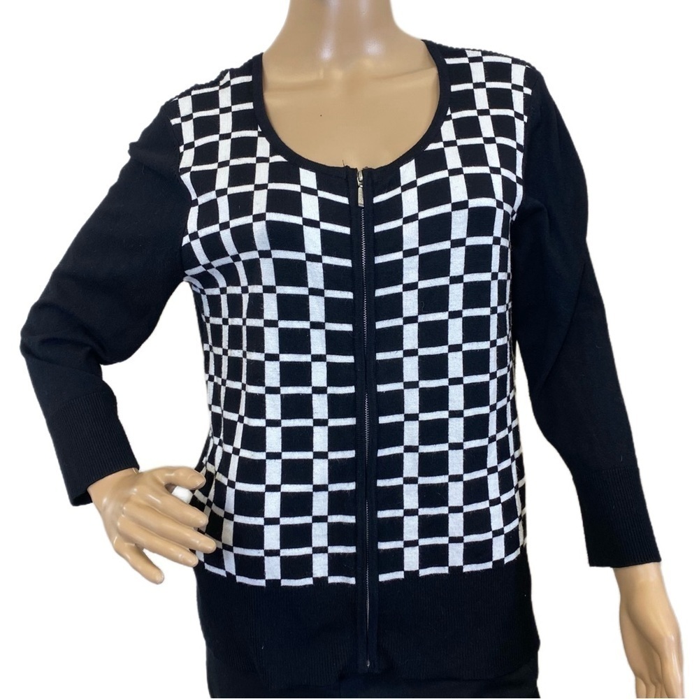 Orly Black and White Long Sleeve Zip-up Sweater - Large